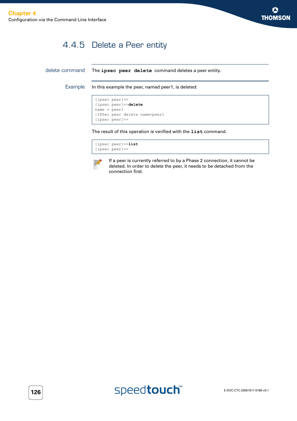 5 delete a peer entity, Delete command, Example | Delete a peer entity, Chapter 4 | Nortel Networks 608(WL) User Manual | Page 128 / 222