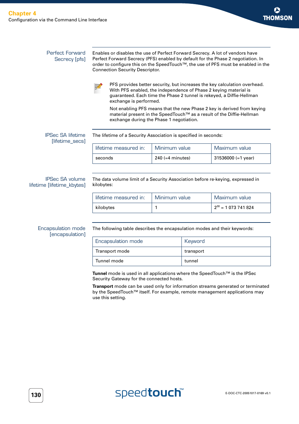 Perfect forward secrecy [pfs, Ipsec sa lifetime [lifetime_secs, Ipsec sa volume lifetime [lifetime_kbytes | Encapsulation mode [encapsulation, Chapter 4 | Nortel Networks 608(WL) User Manual | Page 132 / 222