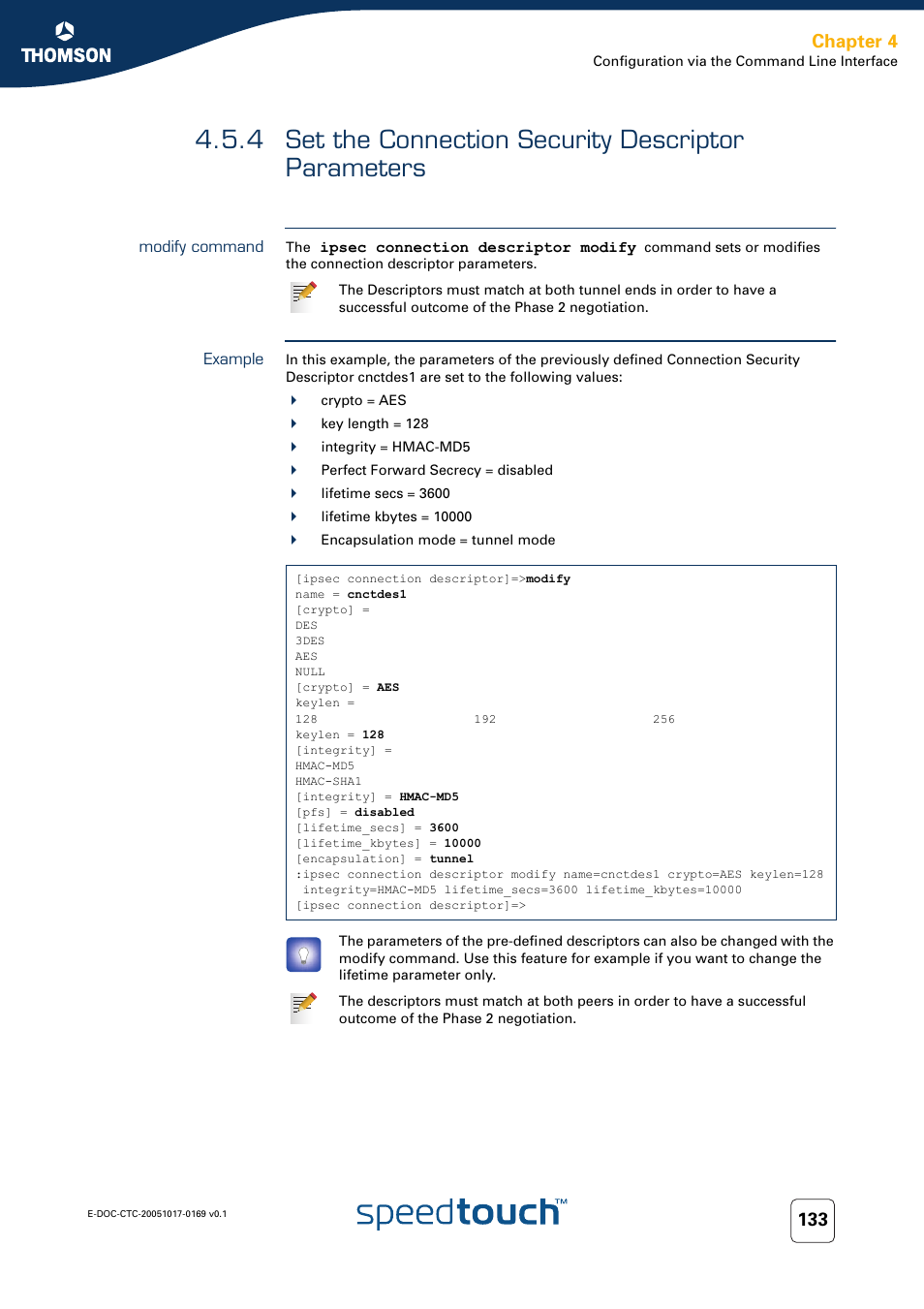 Modify command, Example, Set the connection security descriptor parameters | Chapter 4 | Nortel Networks 608(WL) User Manual | Page 135 / 222