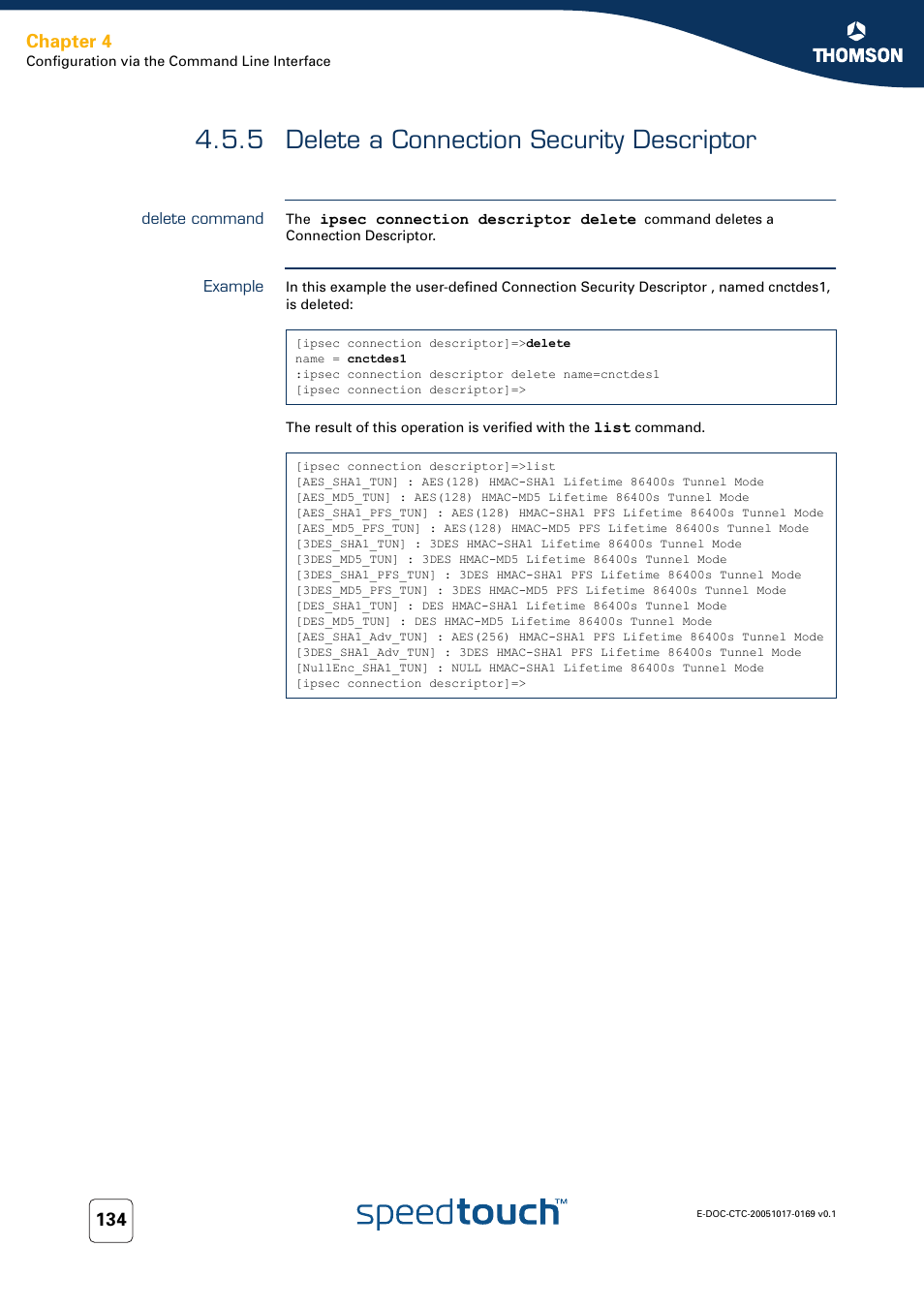 5 delete a connection security descriptor, Delete command, Example | Delete a connection security descriptor, Chapter 4 | Nortel Networks 608(WL) User Manual | Page 136 / 222