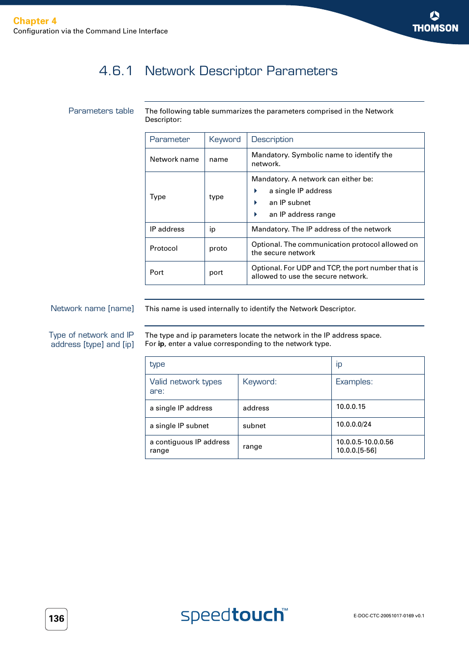 1 network descriptor parameters, Parameters table, Network name [name | Type of network and ip address [type] and [ip, Network descriptor parameters, Chapter 4 | Nortel Networks 608(WL) User Manual | Page 138 / 222