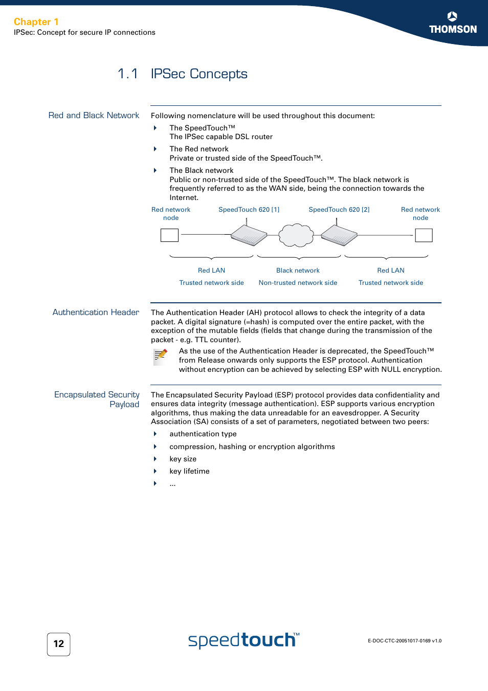 1 ipsec concepts, Red and black network, Authentication header | Encapsulated security payload, Ipsec concepts, Chapter 1 | Nortel Networks 608(WL) User Manual | Page 14 / 222