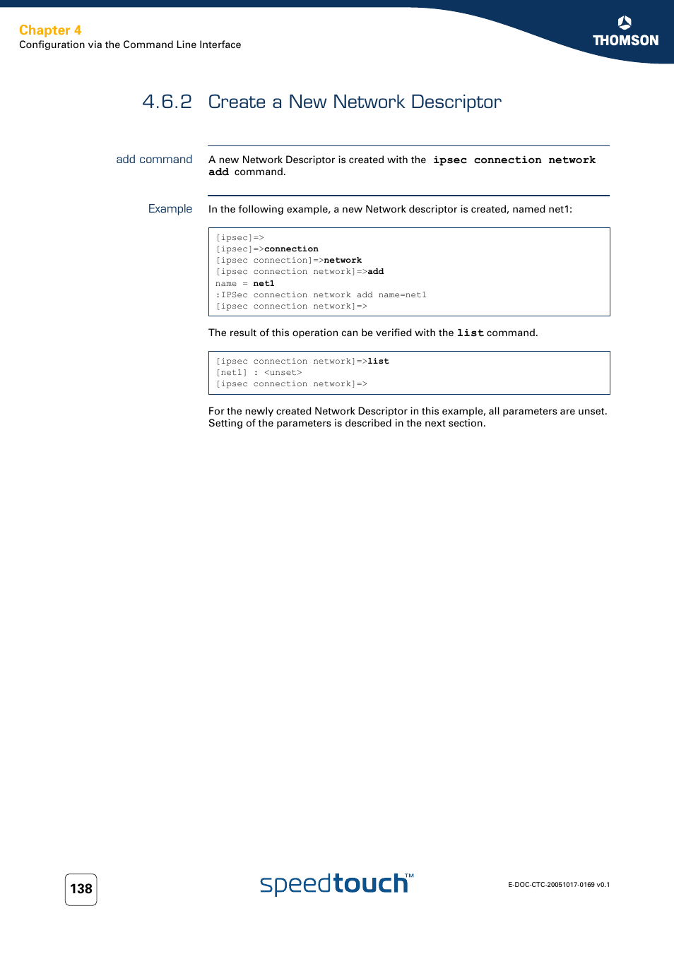 2 create a new network descriptor, Add command, Example | Create a new network descriptor, Chapter 4 | Nortel Networks 608(WL) User Manual | Page 140 / 222