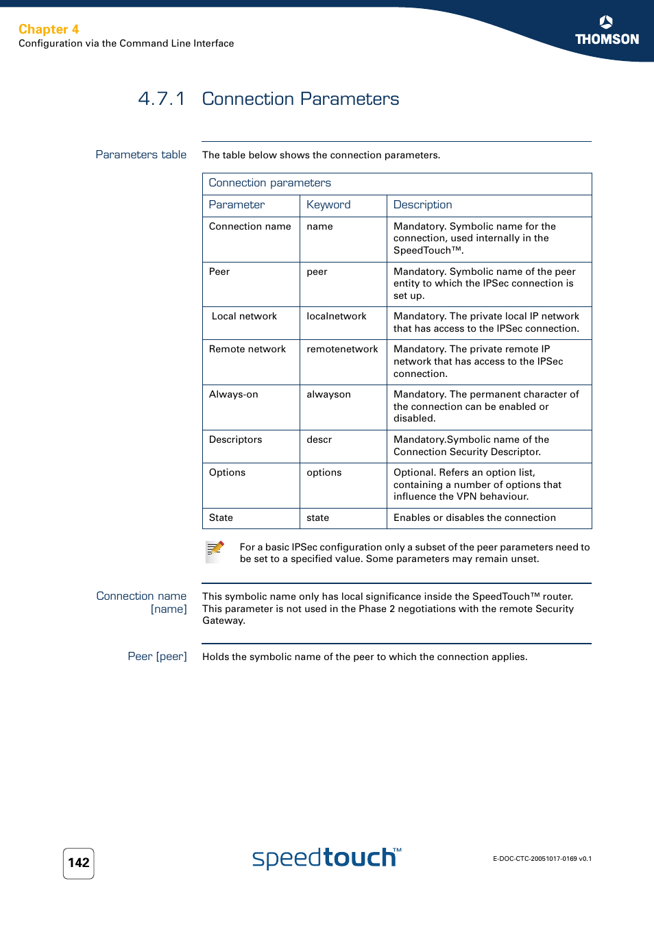 1 connection parameters, Parameters table, Connection name [name | Peer [peer, Connection parameters, Chapter 4 | Nortel Networks 608(WL) User Manual | Page 144 / 222