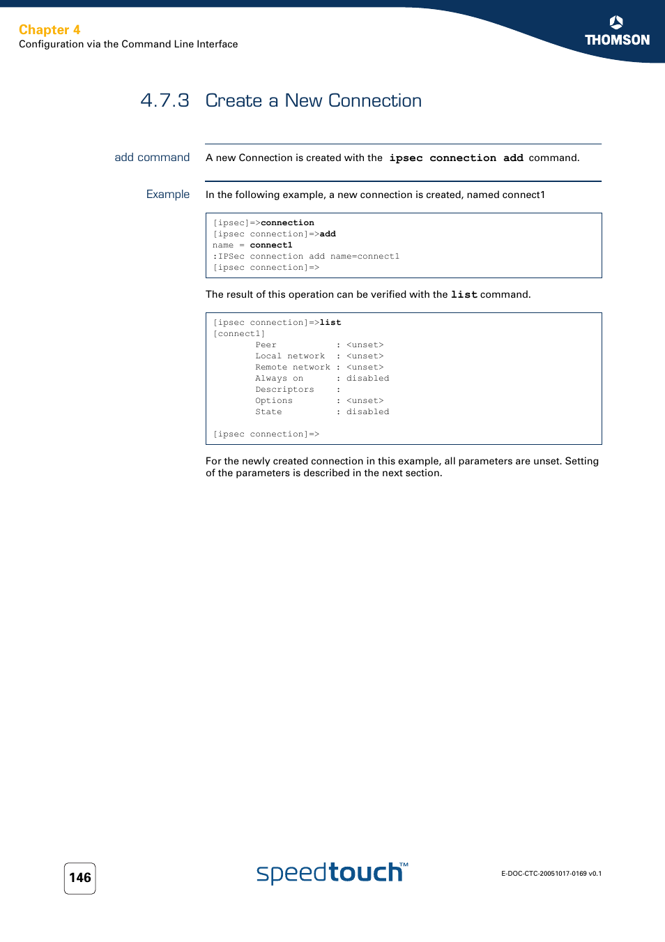 3 create a new connection, Add command, Example | Create a new connection, Chapter 4 | Nortel Networks 608(WL) User Manual | Page 148 / 222