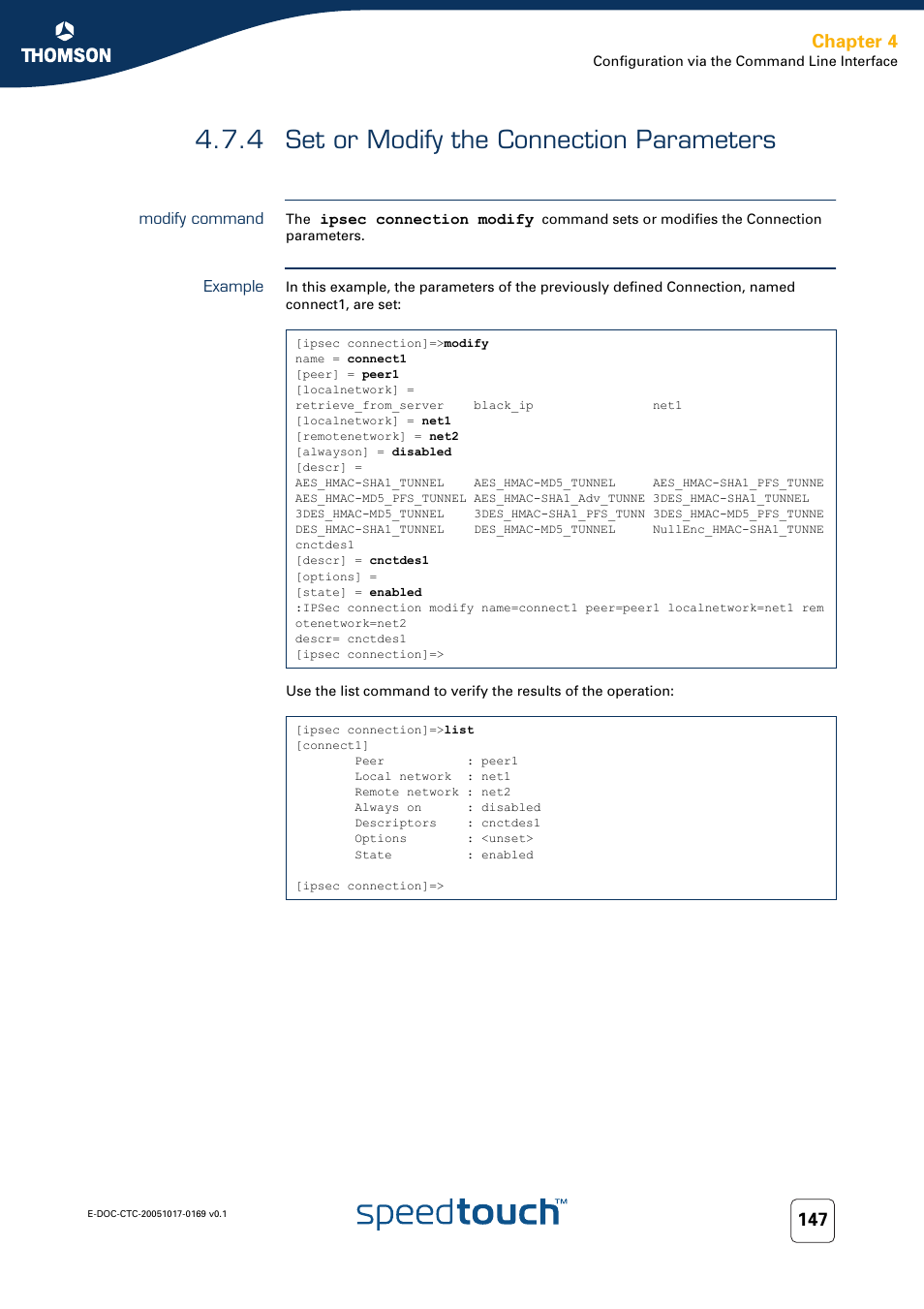 4 set or modify the connection parameters, Modify command, Example | Set or modify the connection parameters, Chapter 4 | Nortel Networks 608(WL) User Manual | Page 149 / 222