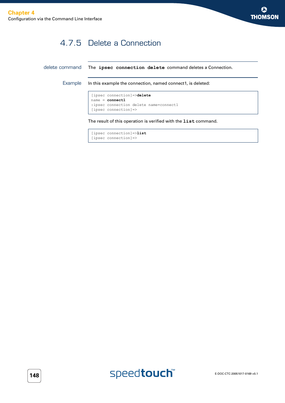 5 delete a connection, Delete command, Example | Delete a connection, Chapter 4 | Nortel Networks 608(WL) User Manual | Page 150 / 222