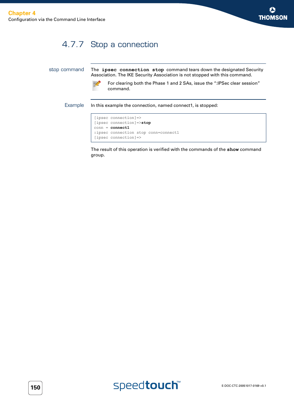 7 stop a connection, Stop command, Example | Stop a connection, Chapter 4 | Nortel Networks 608(WL) User Manual | Page 152 / 222