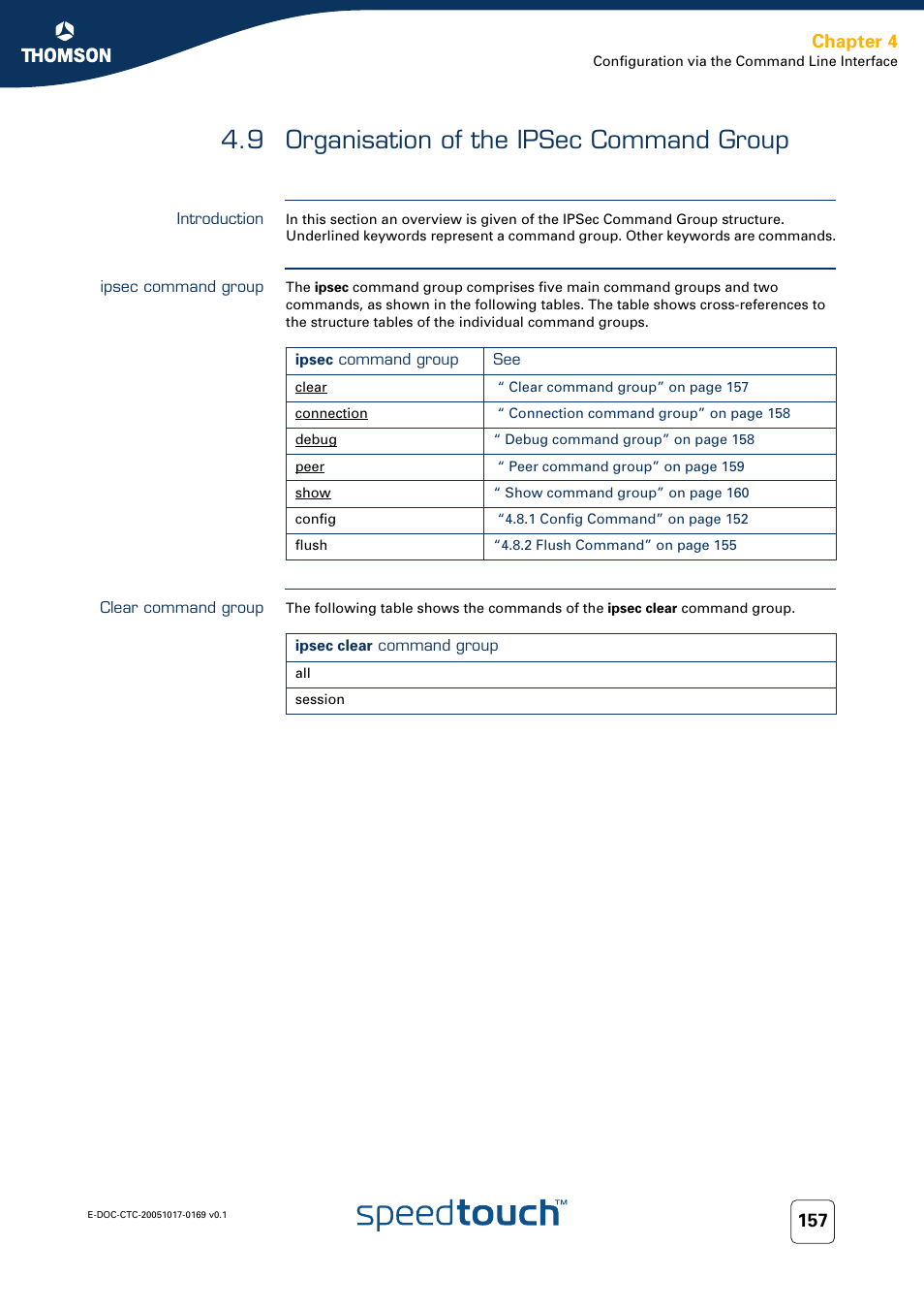 9 organisation of the ipsec command group, Introduction, Ipsec command group | Clear command group, Organisation of the ipsec command group, Chapter 4 | Nortel Networks 608(WL) User Manual | Page 159 / 222