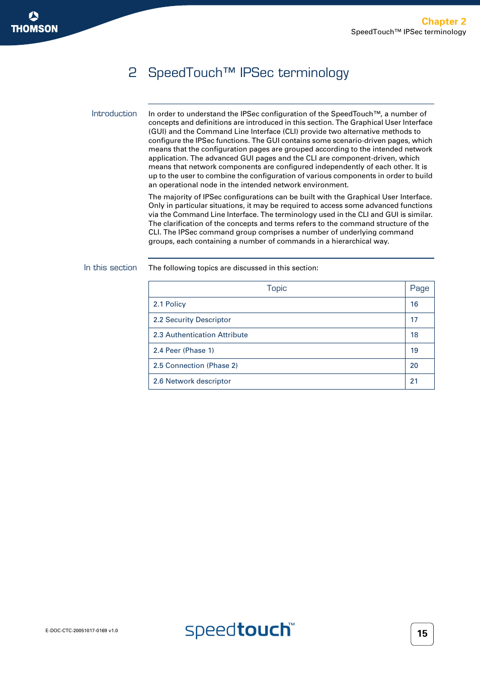 2 speedtouch™ ipsec terminology, Introduction, In this section | Speedtouch™ ipsec terminology, Chapter 2 | Nortel Networks 608(WL) User Manual | Page 17 / 222