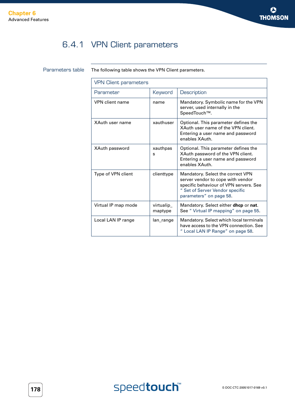 1 vpn client parameters, Parameters table, Vpn client parameters | Chapter 6 | Nortel Networks 608(WL) User Manual | Page 180 / 222