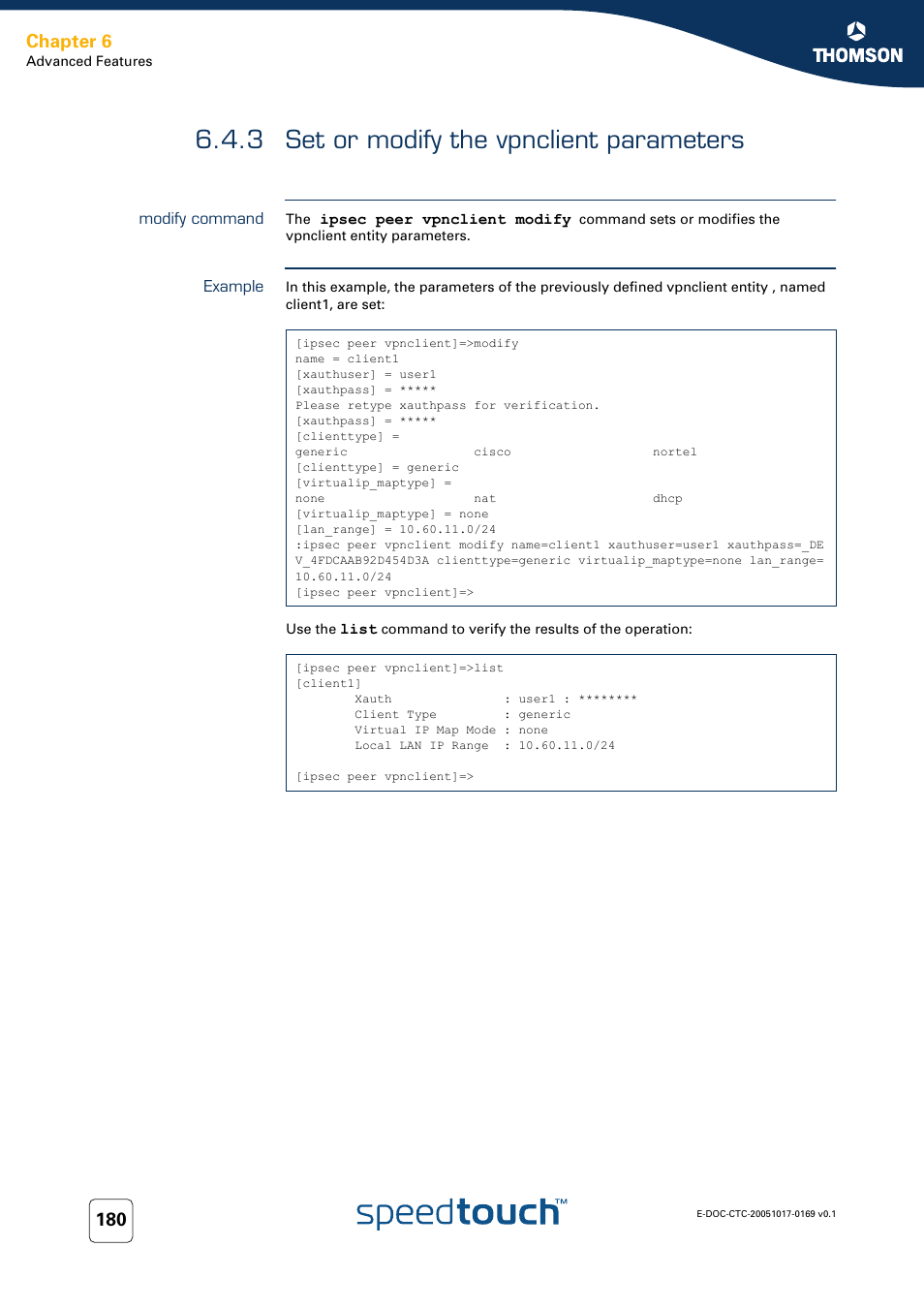 3 set or modify the vpnclient parameters, Modify command, Example | Set or modify the vpnclient parameters, Chapter 6 | Nortel Networks 608(WL) User Manual | Page 182 / 222