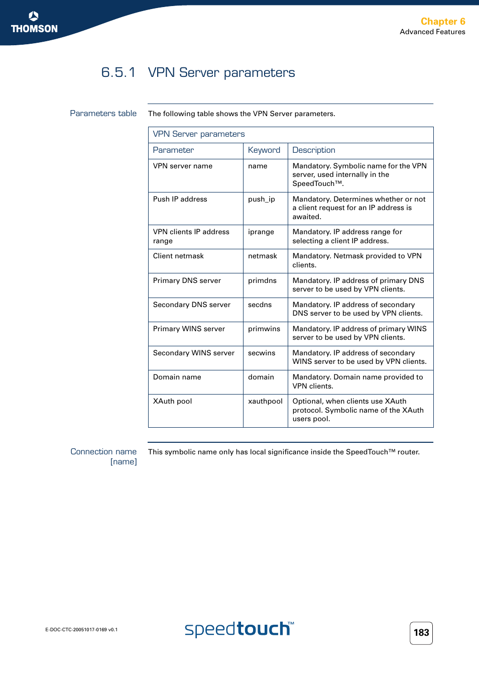 1 vpn server parameters, Parameters table, Connection name [name | Vpn server parameters, Chapter 6 | Nortel Networks 608(WL) User Manual | Page 185 / 222