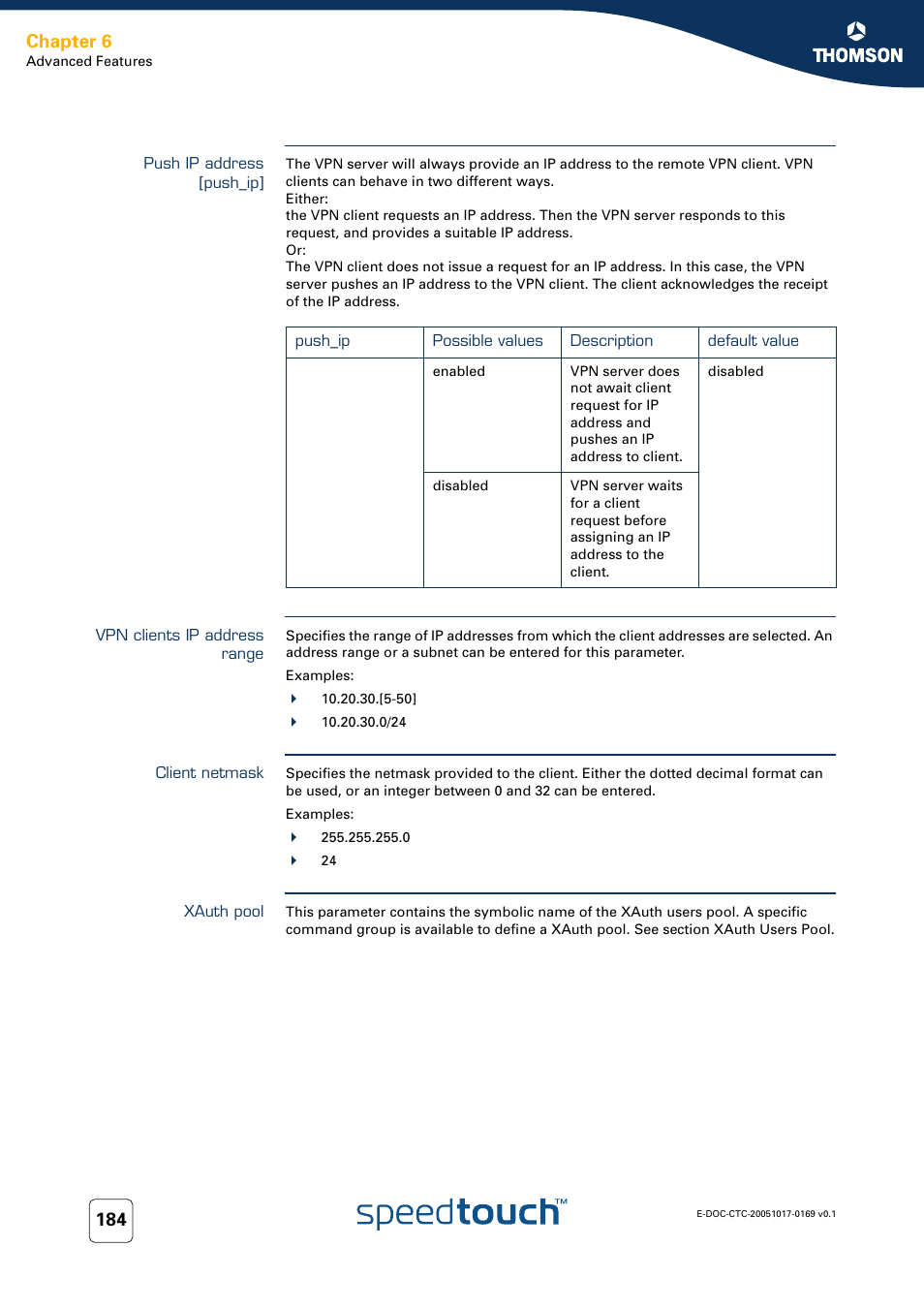 Push ip address [push_ip, Vpn clients ip address range, Client netmask | Xauth pool, Chapter 6 | Nortel Networks 608(WL) User Manual | Page 186 / 222