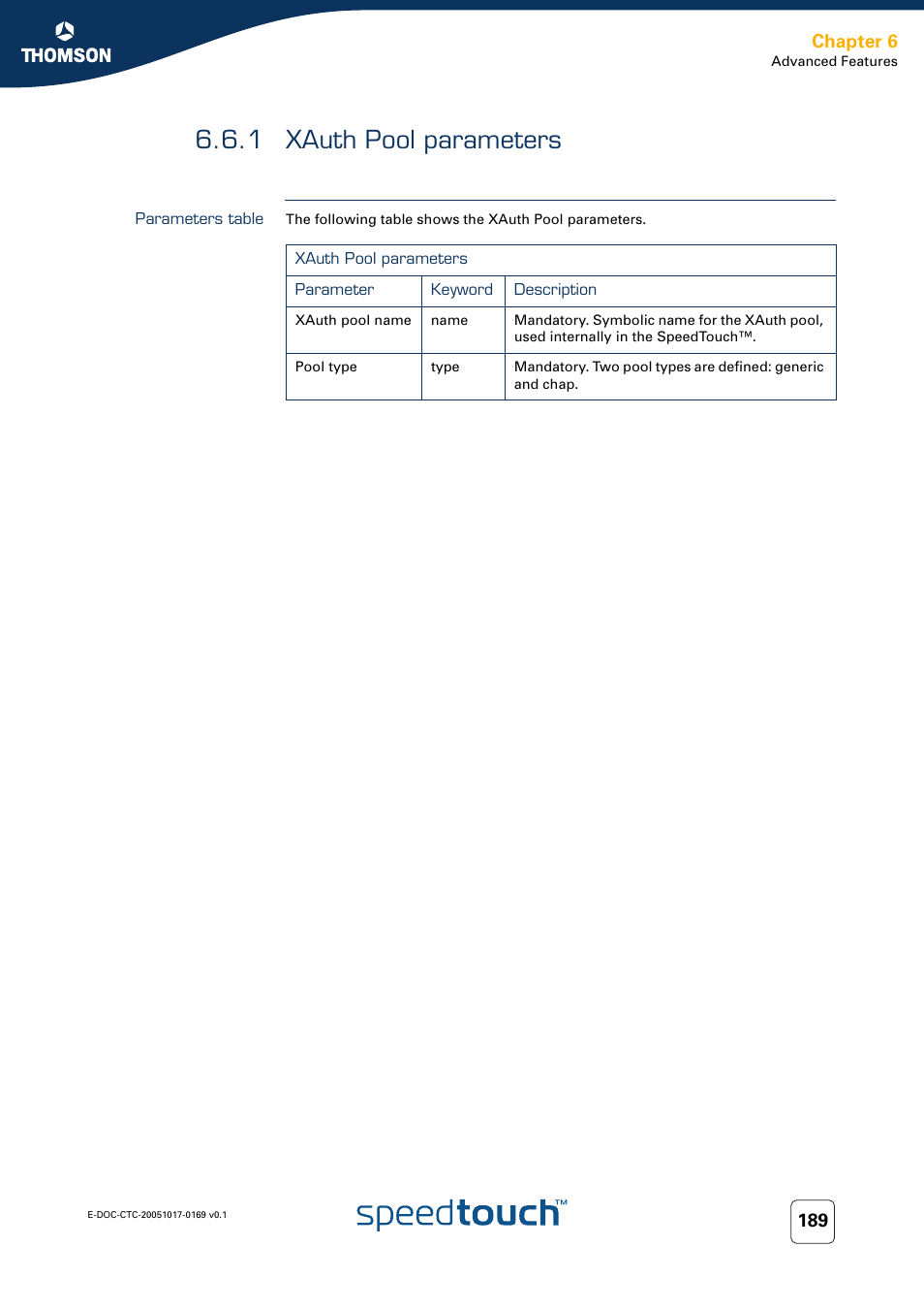1 xauth pool parameters, Parameters table, Xauth pool parameters | Chapter 6 | Nortel Networks 608(WL) User Manual | Page 191 / 222