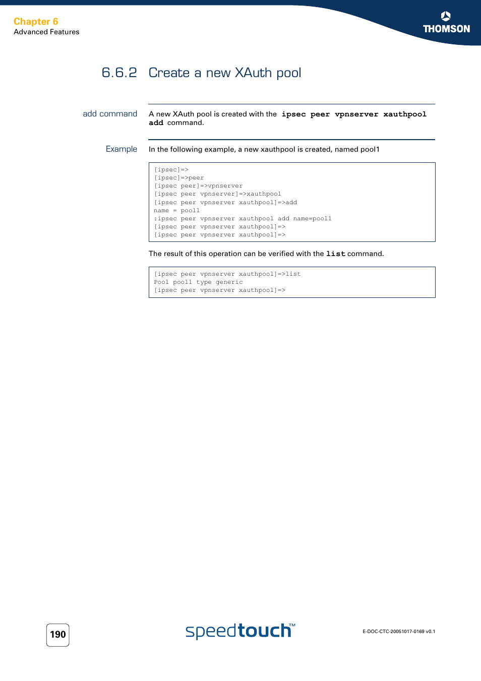2 create a new xauth pool, Add command, Example | Create a new xauth pool, Chapter 6 | Nortel Networks 608(WL) User Manual | Page 192 / 222