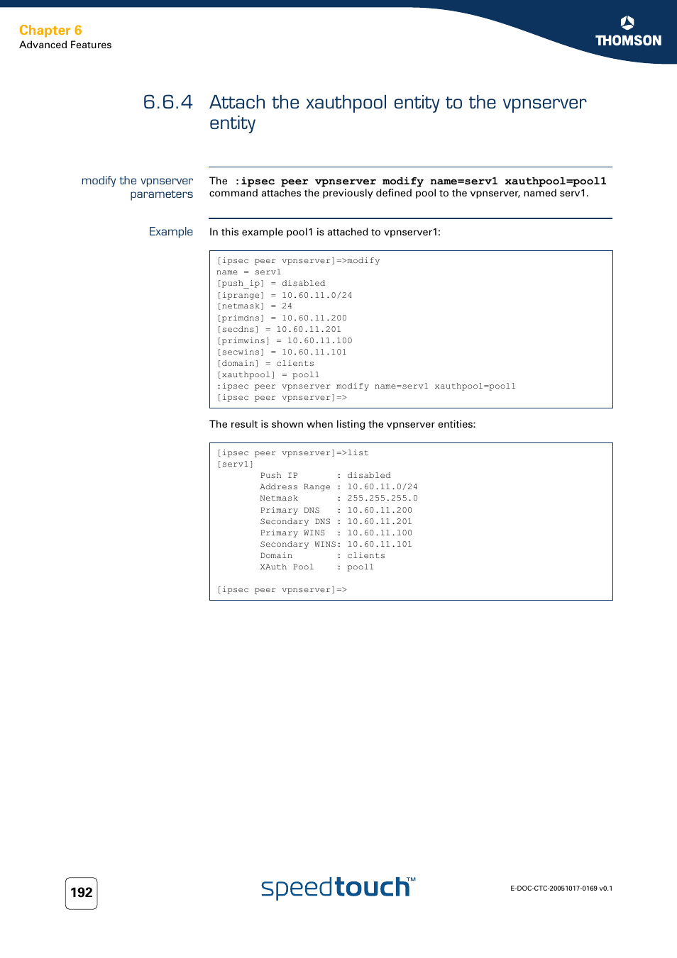 Modify the vpnserver parameters, Example, Chapter 6 | Nortel Networks 608(WL) User Manual | Page 194 / 222