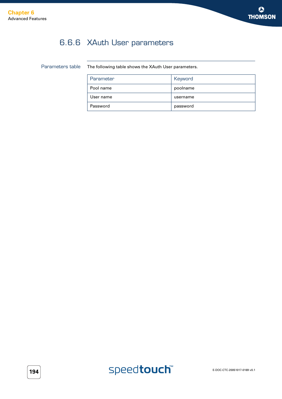 6 xauth user parameters, Parameters table, Xauth user parameters | Chapter 6 | Nortel Networks 608(WL) User Manual | Page 196 / 222