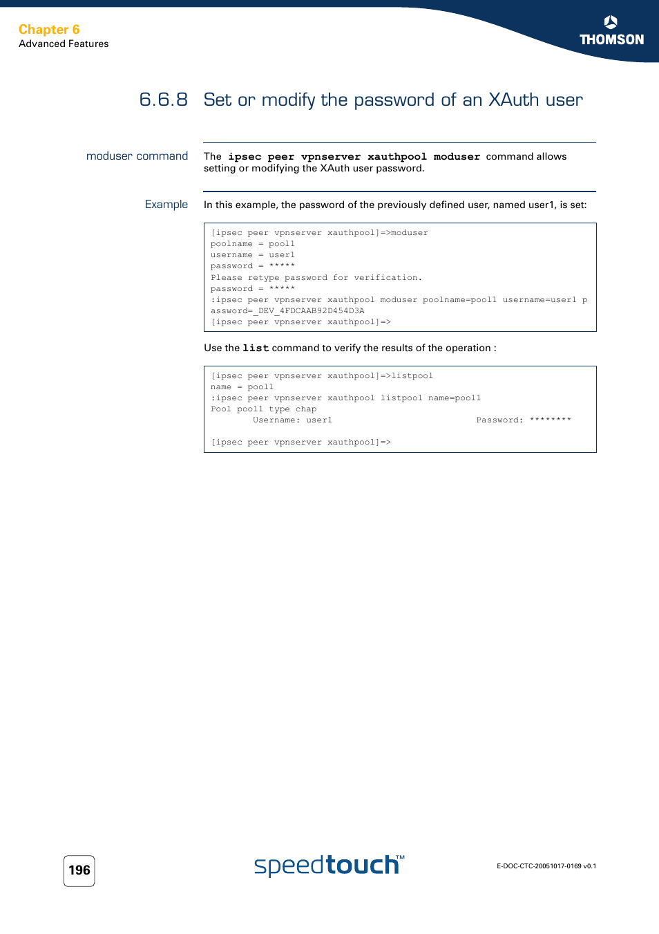8 set or modify the password of an xauth user, Moduser command, Example | Set or modify the password of an xauth user, Chapter 6 | Nortel Networks 608(WL) User Manual | Page 198 / 222