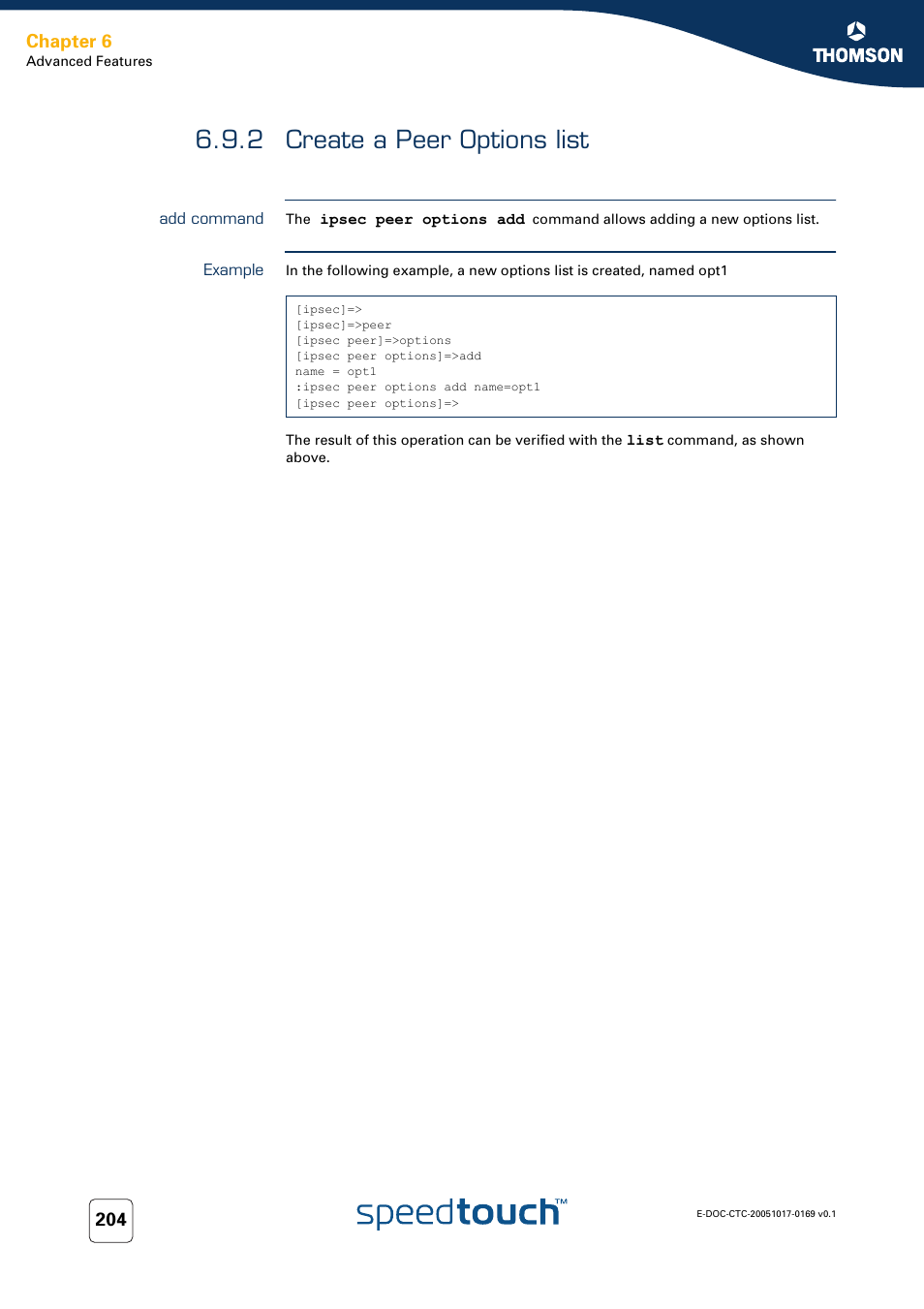 2 create a peer options list, Add command, Example | Create a peer options list, Chapter 6 | Nortel Networks 608(WL) User Manual | Page 206 / 222