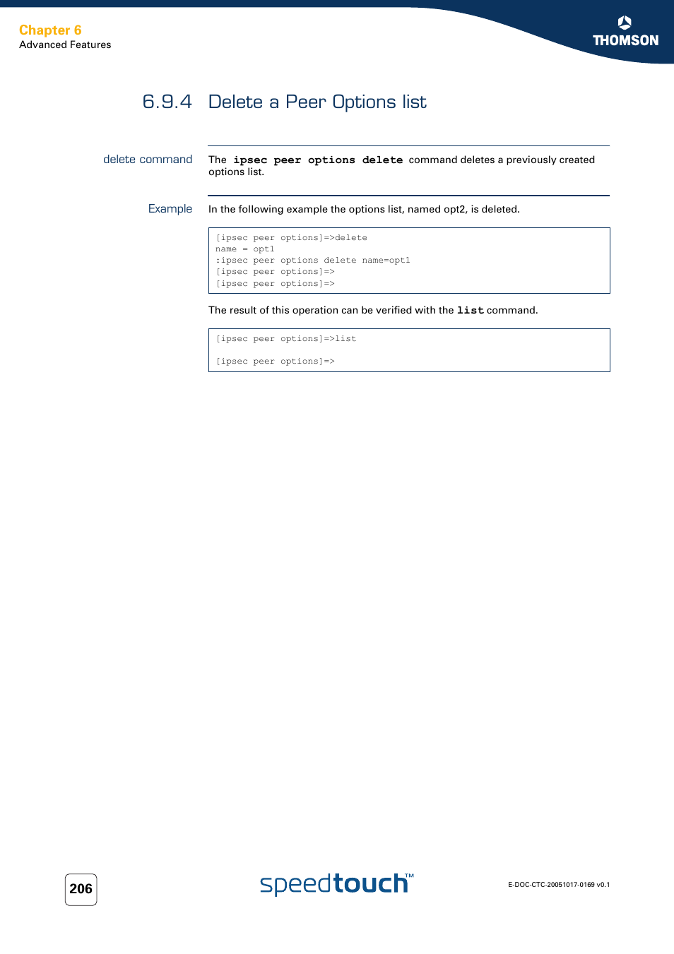4 delete a peer options list, Delete command, Example | Delete a peer options list, Chapter 6 | Nortel Networks 608(WL) User Manual | Page 208 / 222
