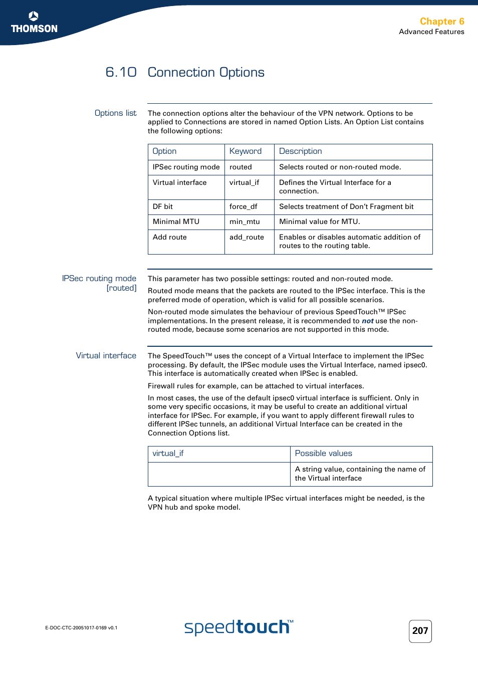10 connection options, Options list, Ipsec routing mode [routed | Virtual interface, Connection options, Chapter 6 | Nortel Networks 608(WL) User Manual | Page 209 / 222