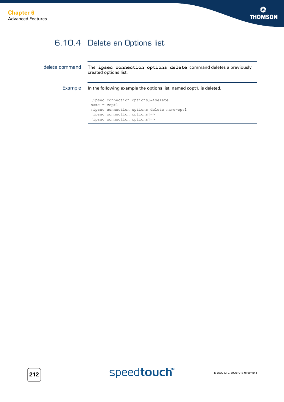 4 delete an options list, Delete command, Example | Delete an options list, Chapter 6 | Nortel Networks 608(WL) User Manual | Page 214 / 222