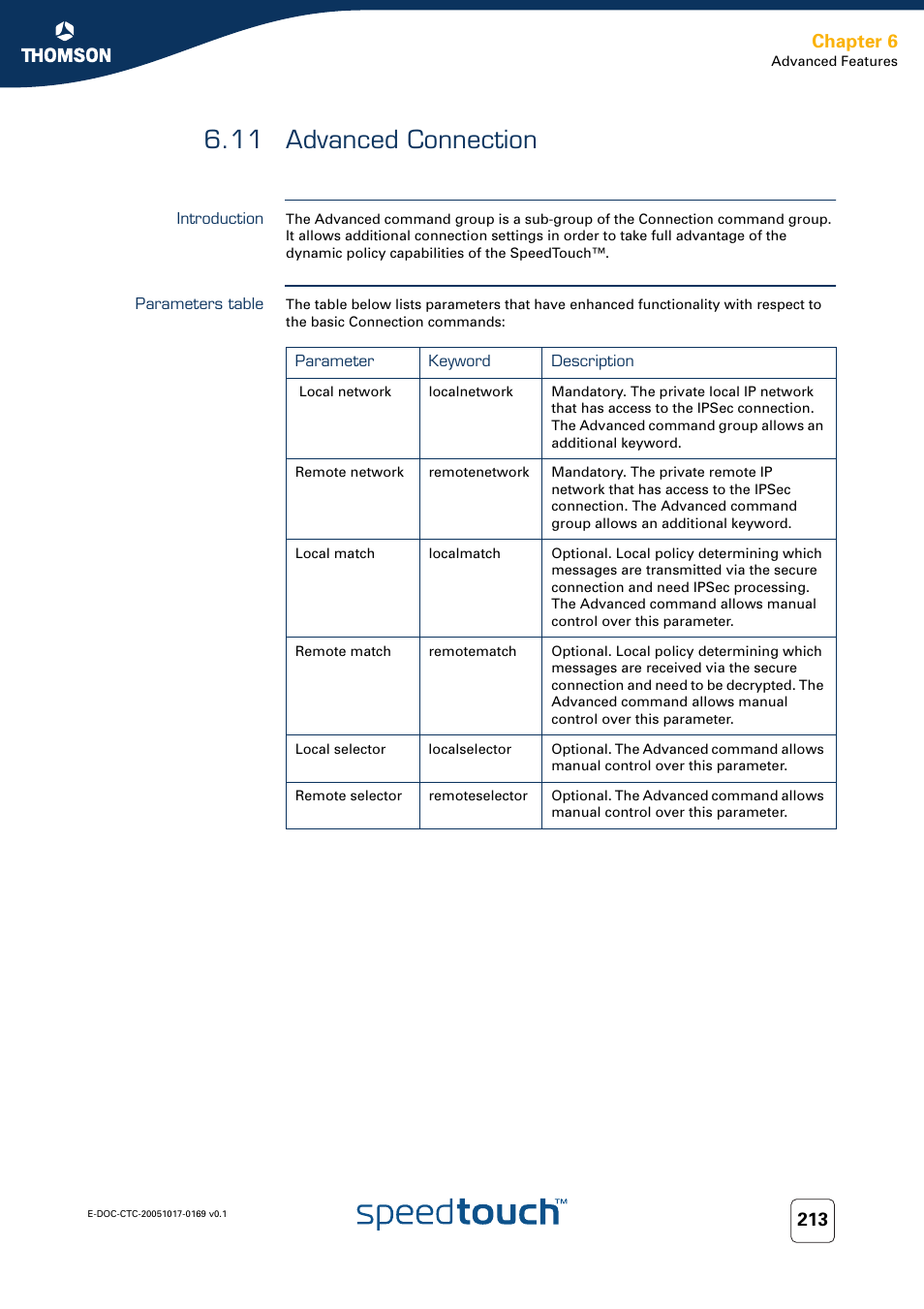 11 advanced connection, Introduction, Parameters table | Advanced connection, Chapter 6 | Nortel Networks 608(WL) User Manual | Page 215 / 222