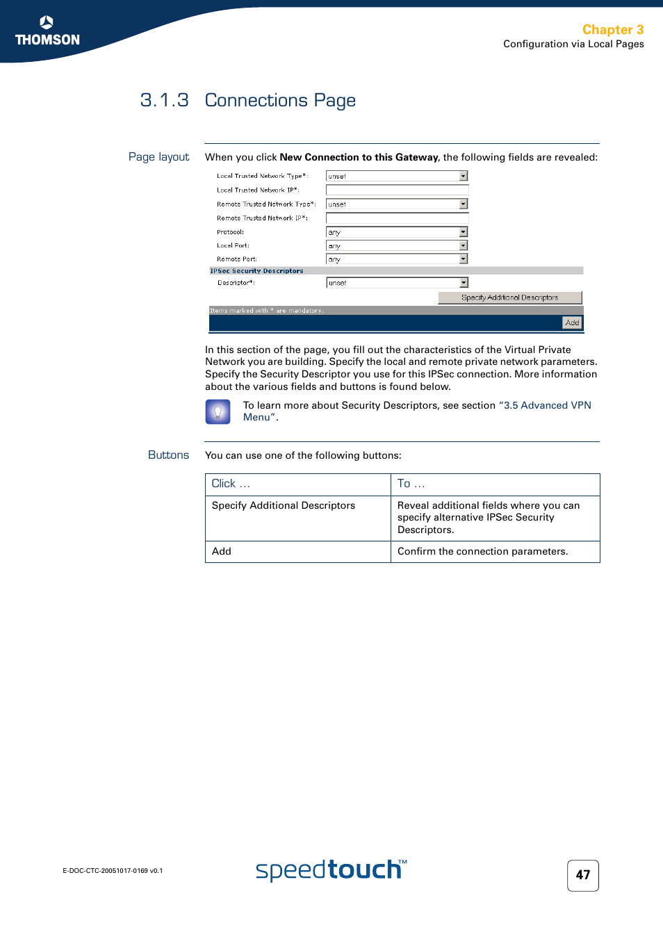 Buttons, 3 connections page, Chapter 3 | Nortel Networks 608(WL) User Manual | Page 49 / 222