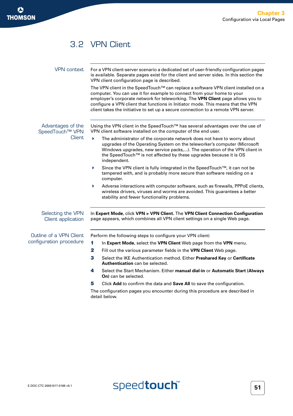 2 vpn client, Vpn context, Advantages of the speedtouch™ vpn client | Selecting the vpn client application, Outline of a vpn client configuration procedure, Vpn client, Chapter 3 | Nortel Networks 608(WL) User Manual | Page 53 / 222