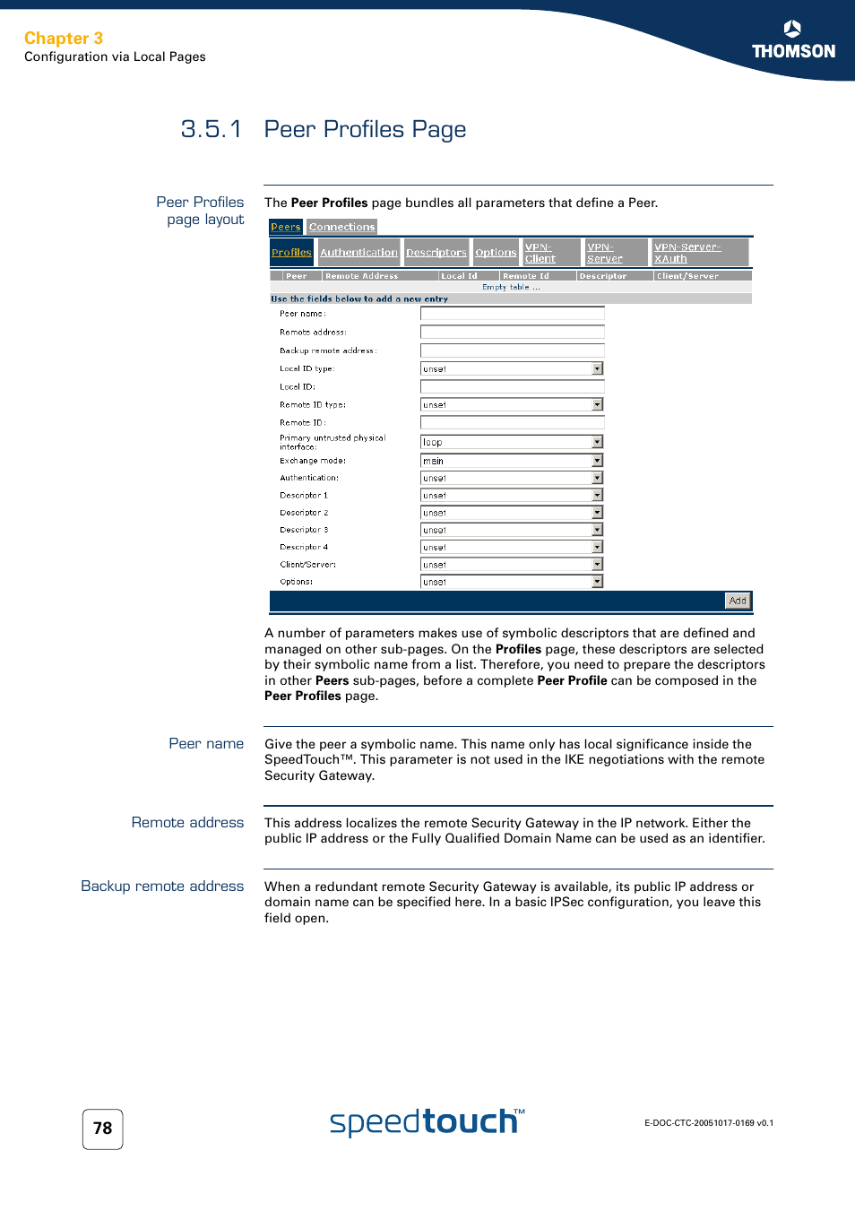 Peer name, Remote address, Backup remote address | 1 peer profiles page, Chapter 3 | Nortel Networks 608(WL) User Manual | Page 80 / 222