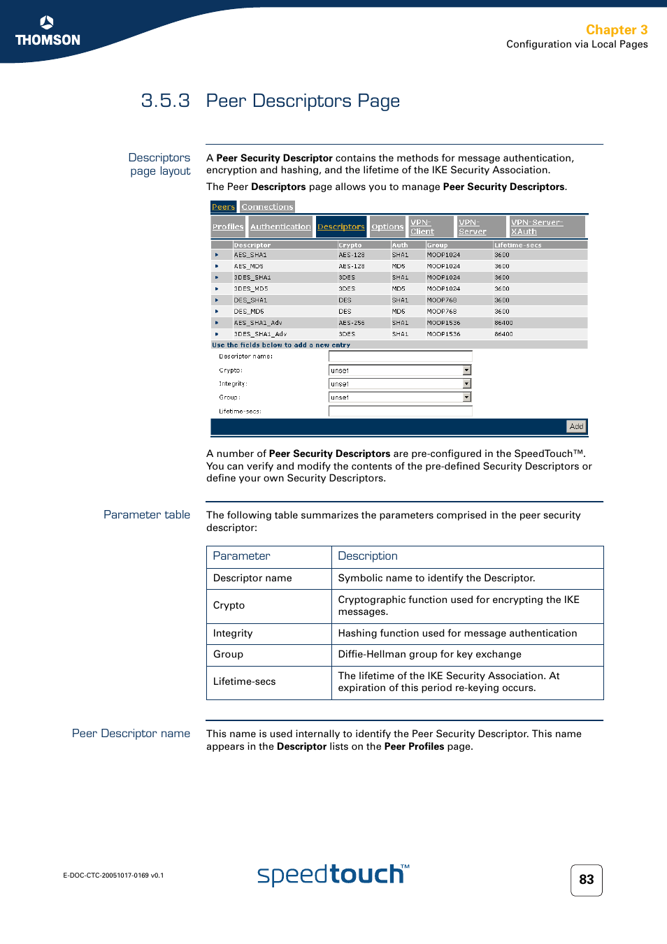 Parameter table, Peer descriptor name, 3 peer descriptors page | Chapter 3 | Nortel Networks 608(WL) User Manual | Page 85 / 222