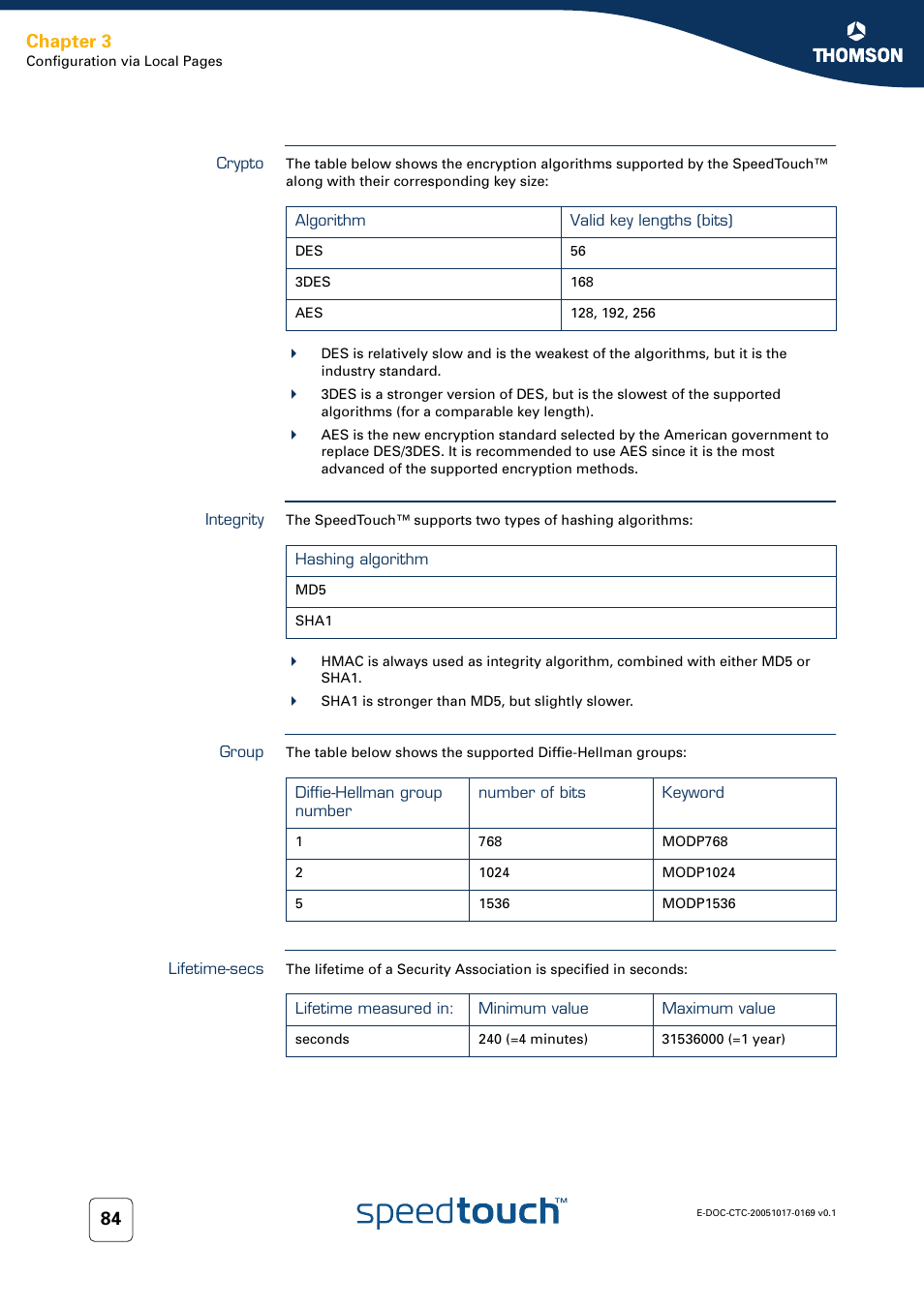 Crypto, Integrity, Group | Lifetime-secs, Chapter 3 | Nortel Networks 608(WL) User Manual | Page 86 / 222