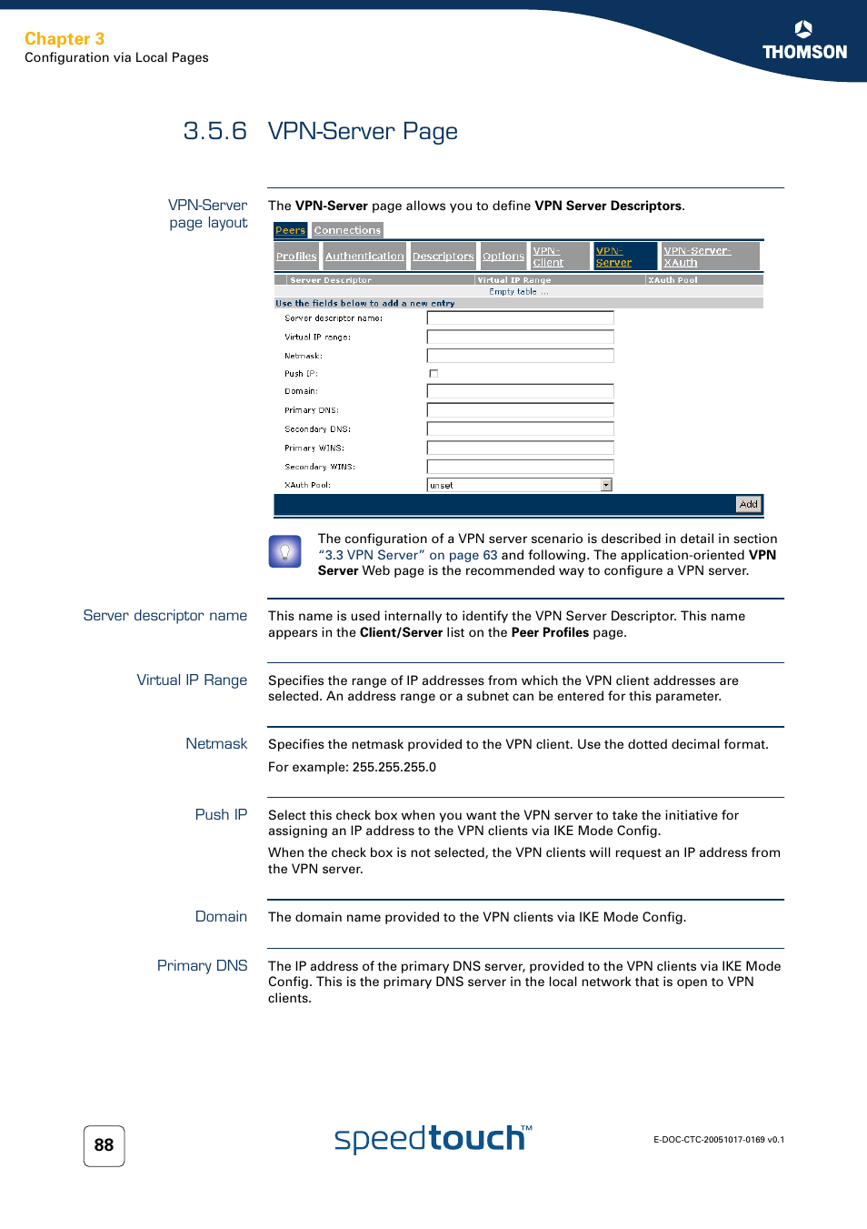 Server descriptor name, Virtual ip range, Netmask | Push ip, Domain, Primary dns, For t, 6 vpn-server page, Chapter 3 | Nortel Networks 608(WL) User Manual | Page 90 / 222