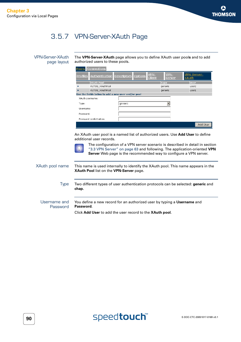 Xauth pool name, Type, Username and password | 7 vpn-server-xauth page, Chapter 3 | Nortel Networks 608(WL) User Manual | Page 92 / 222