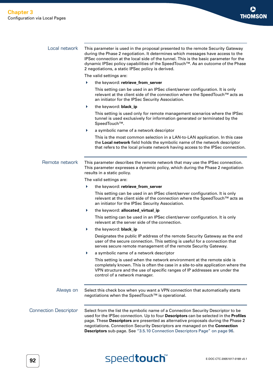 Local network, Remote network, Always on | Connection descriptor, Chapter 3 | Nortel Networks 608(WL) User Manual | Page 94 / 222