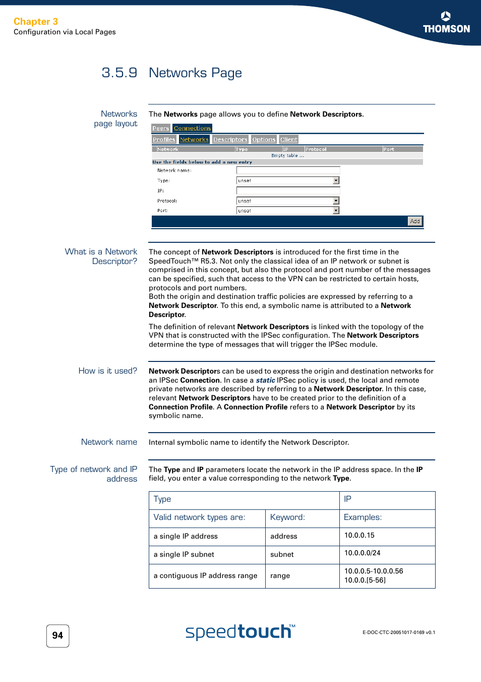 What is a network descriptor, How is it used, Network name | Type of network and ip address, 9 networks page, Chapter 3 | Nortel Networks 608(WL) User Manual | Page 96 / 222