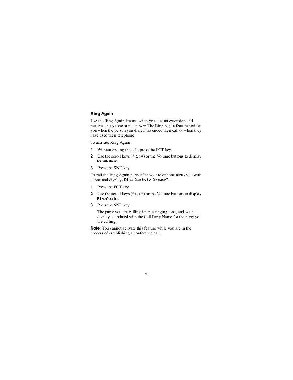 Ring again, 1 without ending the call, press the fct key, 3 press the snd key | 1 press the fct key | Nortel Networks Portable Telephone User Manual | Page 12 / 18