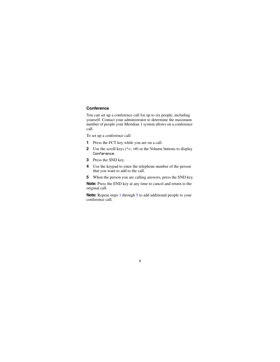 Conference, 1 press the fct key while you are on a call, 3 press the snd key | Nortel Networks Portable Telephone User Manual | Page 8 / 18