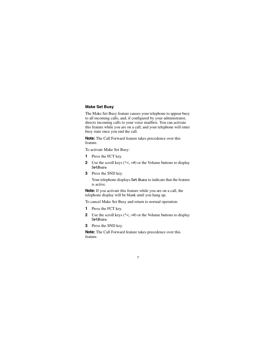 Make set busy, 1 press the fct key, 3 press the snd key | Nortel Networks Portable Telephone User Manual | Page 9 / 18