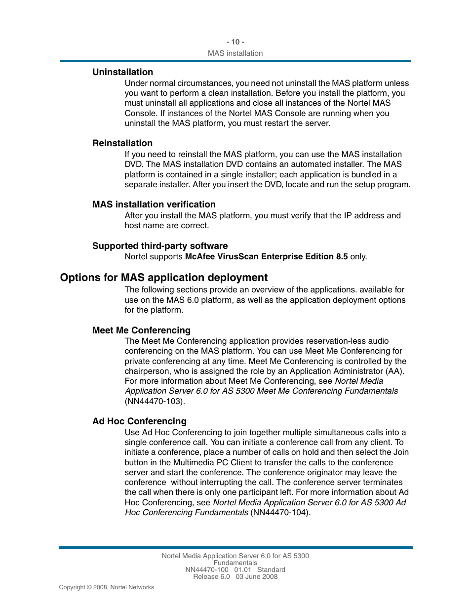 Uninstallation, Reinstallation, Mas installation verification | Supported third-party software, Options for mas application deployment, Meet me conferencing, Ad hoc conferencing, Options for mas application deployment 10 | Nortel Networks NN44470-100 User Manual | Page 10 / 63