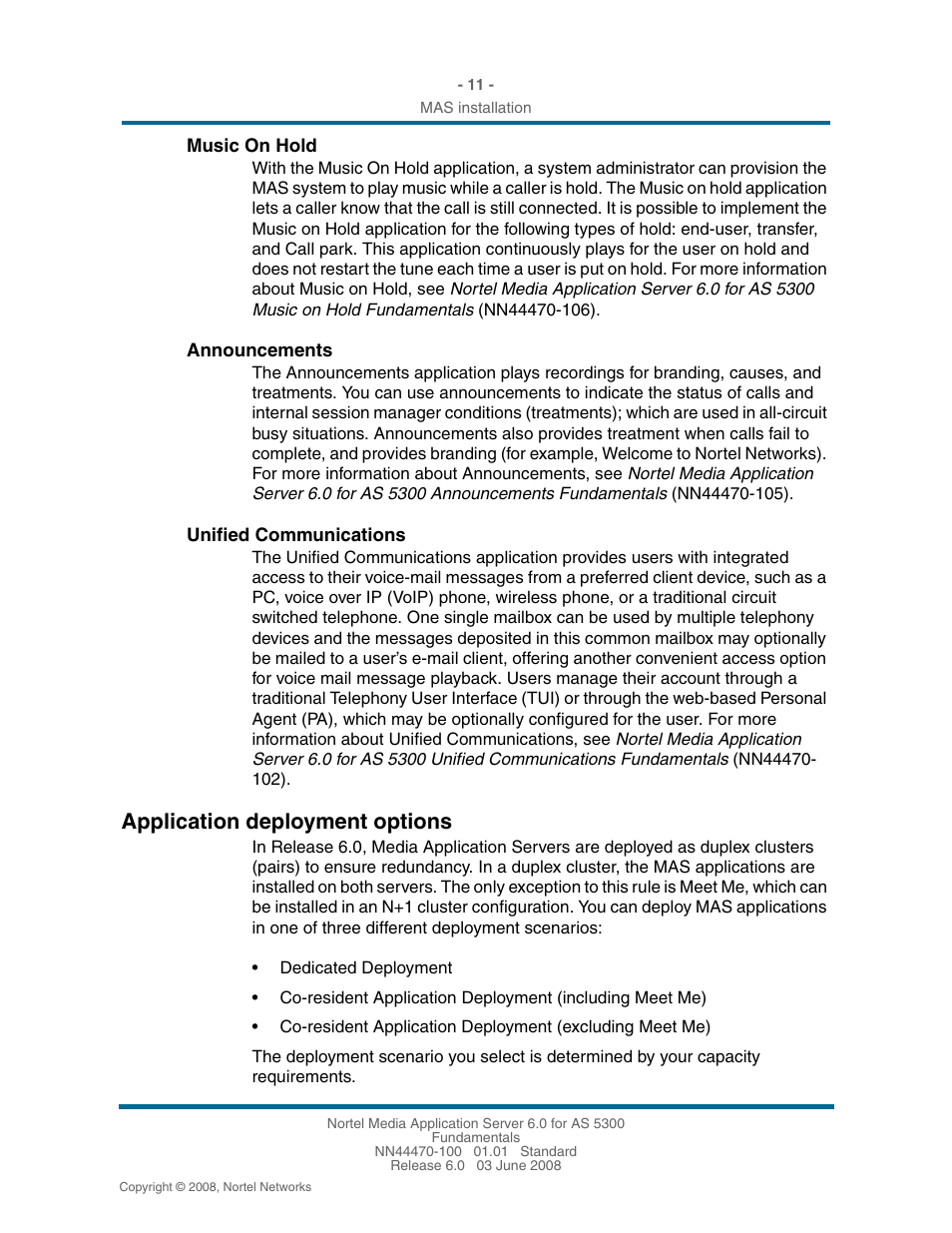 Music on hold, Announcements, Unified communications | Application deployment options, Application deployment options 11 | Nortel Networks NN44470-100 User Manual | Page 11 / 63