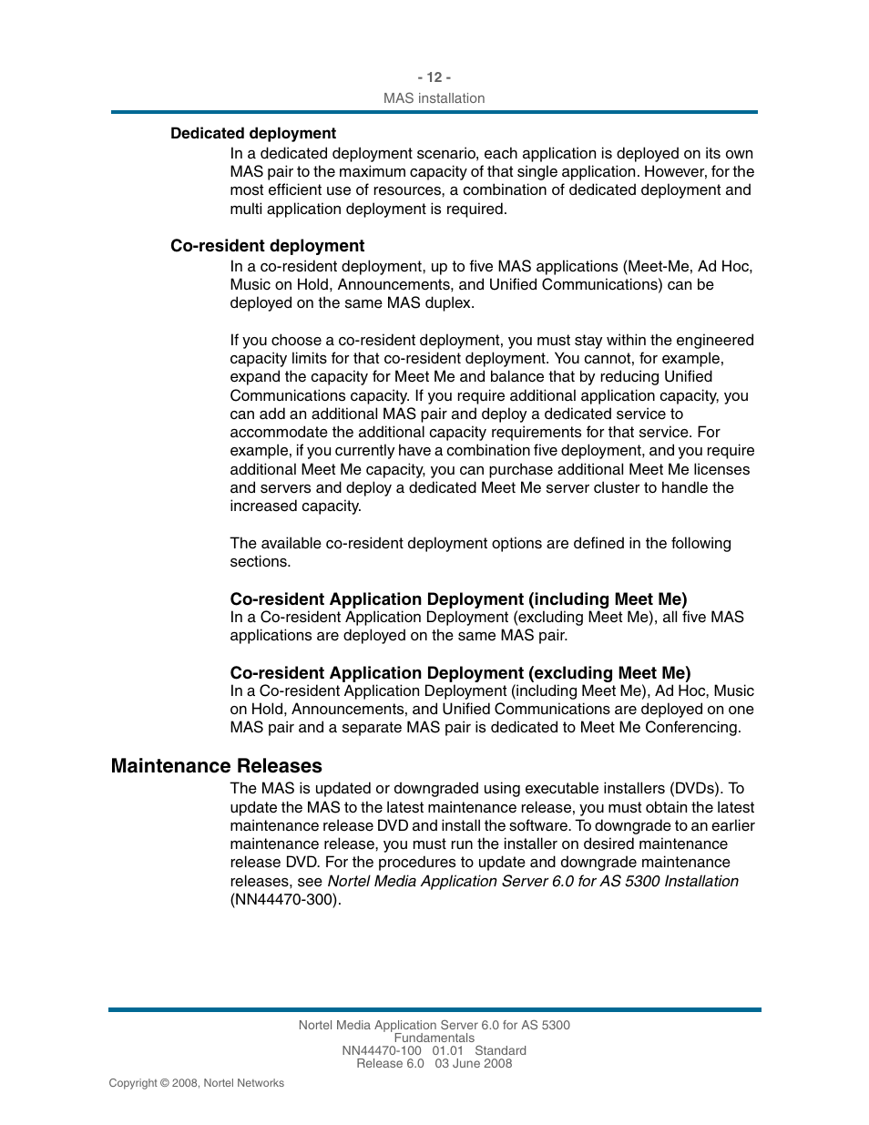 Dedicated deployment, Co-resident deployment, Maintenance releases | Maintenance releases 12 | Nortel Networks NN44470-100 User Manual | Page 12 / 63
