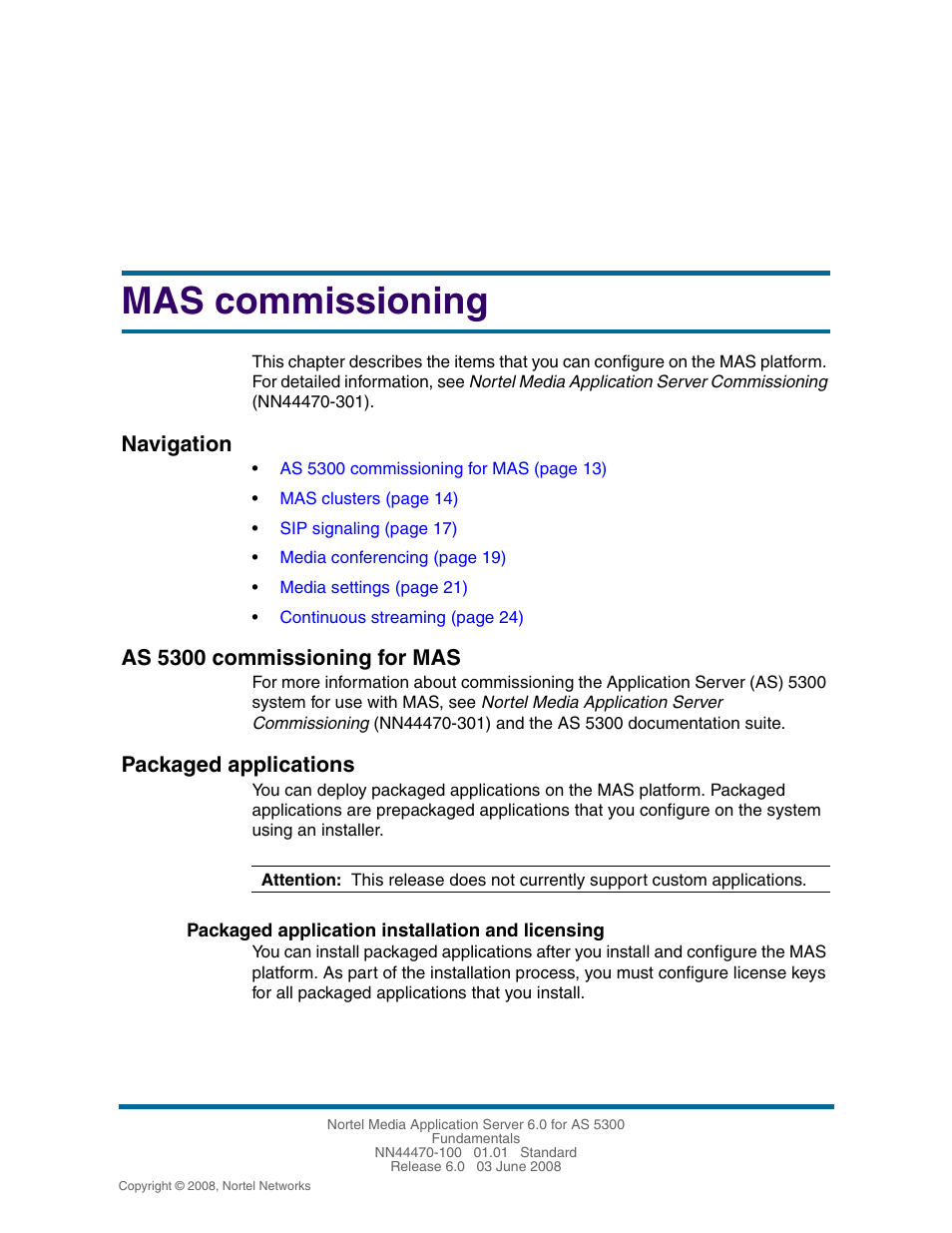 Mas commissioning, As 5300 commissioning for mas, Packaged applications | Packaged application installation and licensing, As 5300 commissioning for mas 13, Packaged applications 13, See see the figure, Commissioning | Nortel Networks NN44470-100 User Manual | Page 13 / 63