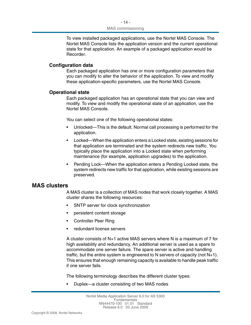 Configuration data, Operational state, Mas clusters | Mas clusters 14 | Nortel Networks NN44470-100 User Manual | Page 14 / 63