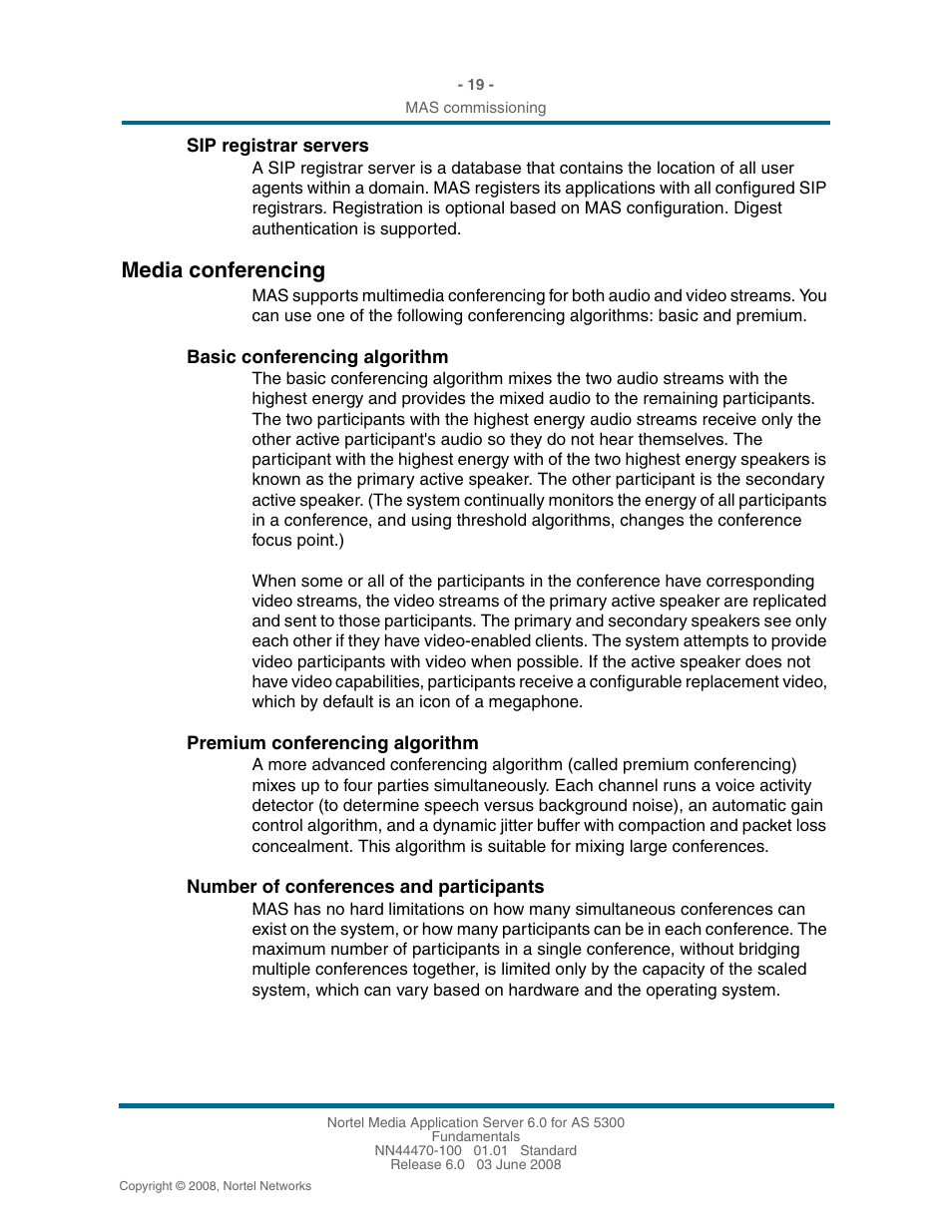Sip registrar servers, Media conferencing, Basic conferencing algorithm | Premium conferencing algorithm, Number of conferences and participants, Media conferencing 19 | Nortel Networks NN44470-100 User Manual | Page 19 / 63