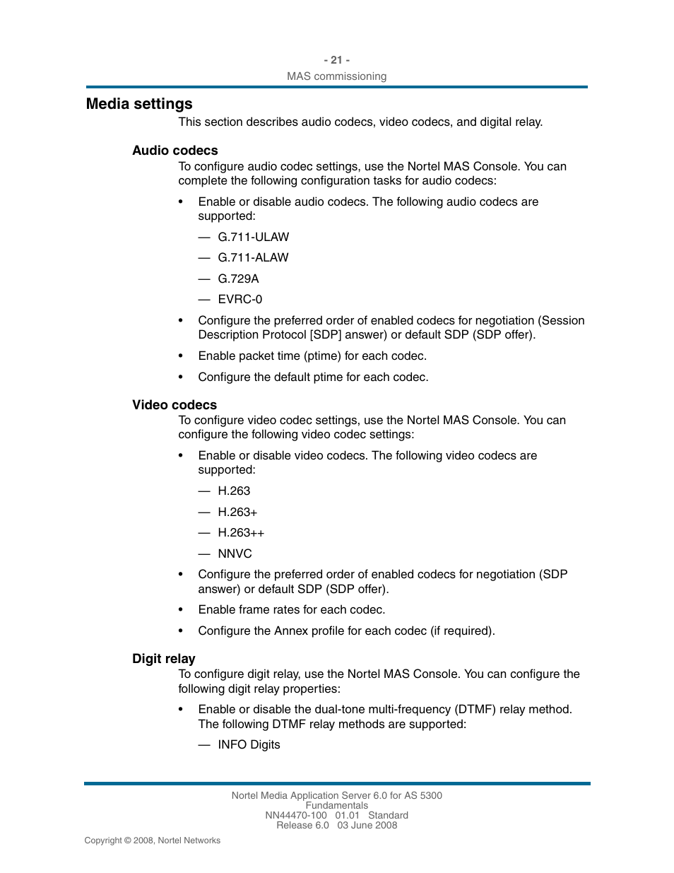 Media settings, Audio codecs, Video codecs | Digit relay, Media settings 21 | Nortel Networks NN44470-100 User Manual | Page 21 / 63