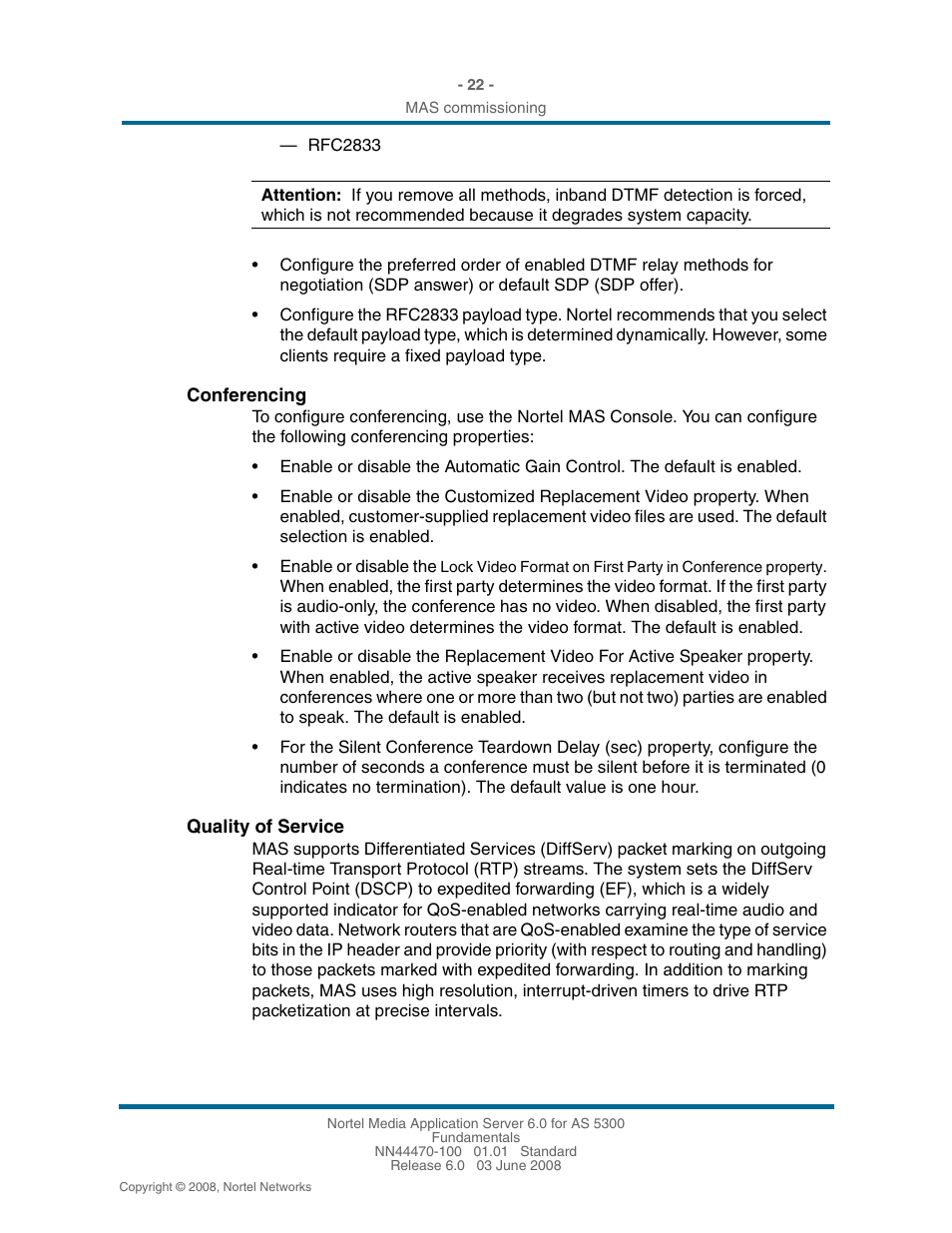 Conferencing, Quality of service | Nortel Networks NN44470-100 User Manual | Page 22 / 63