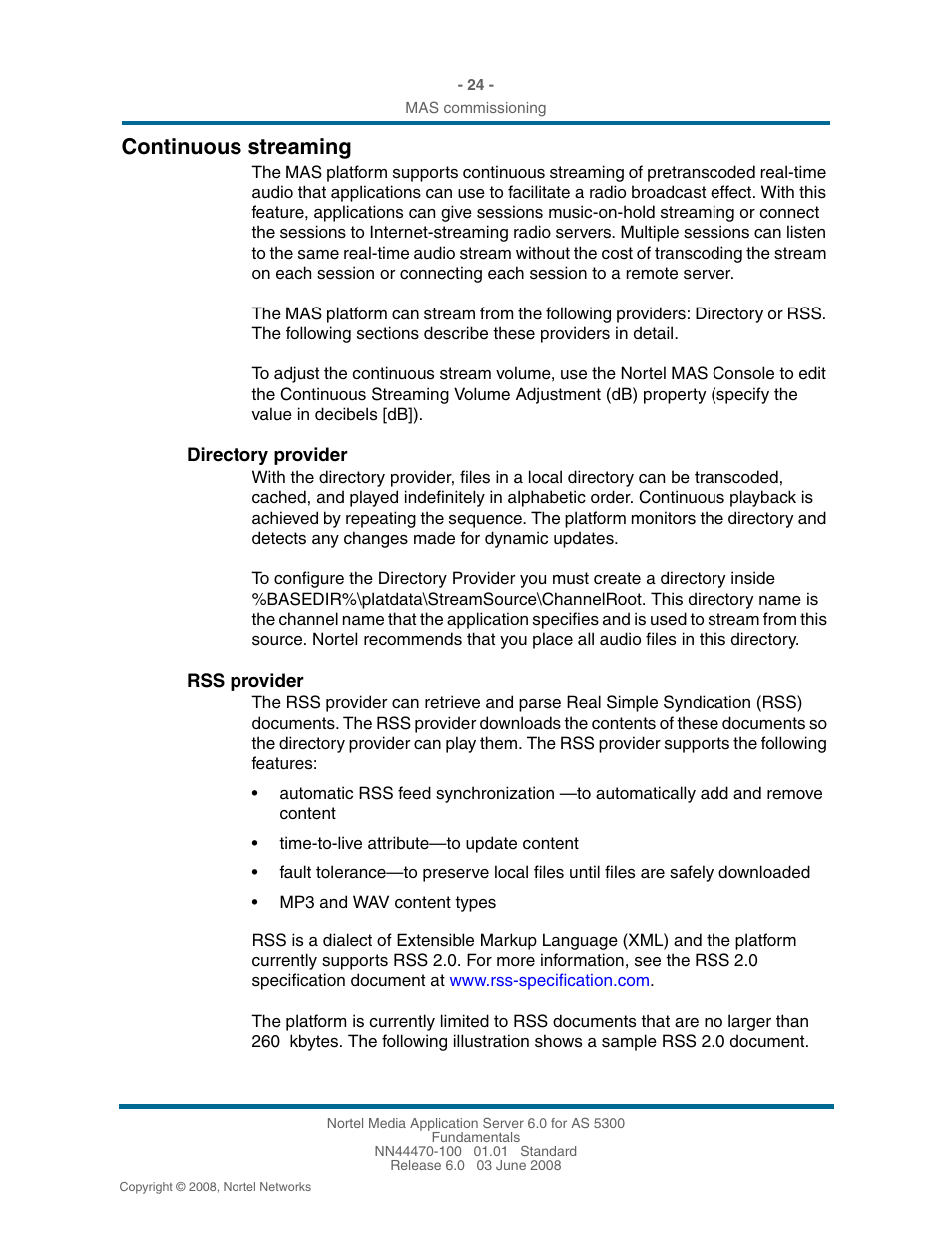 Continuous streaming, Directory provider, Rss provider | Continuous streaming 24 | Nortel Networks NN44470-100 User Manual | Page 24 / 63