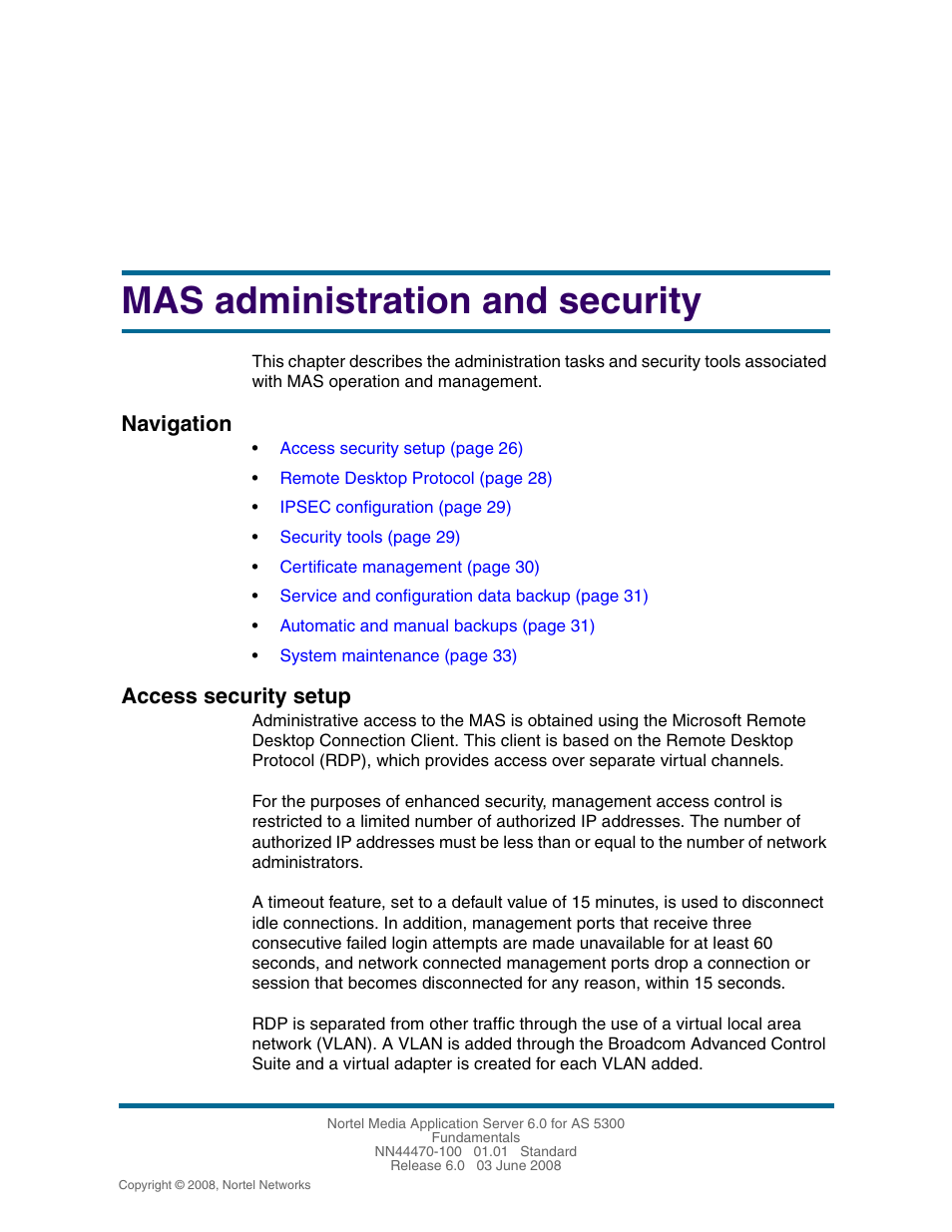 Mas administration and security, Access security setup, Access security setup 26 | See see the figure, Navigation | Nortel Networks NN44470-100 User Manual | Page 26 / 63